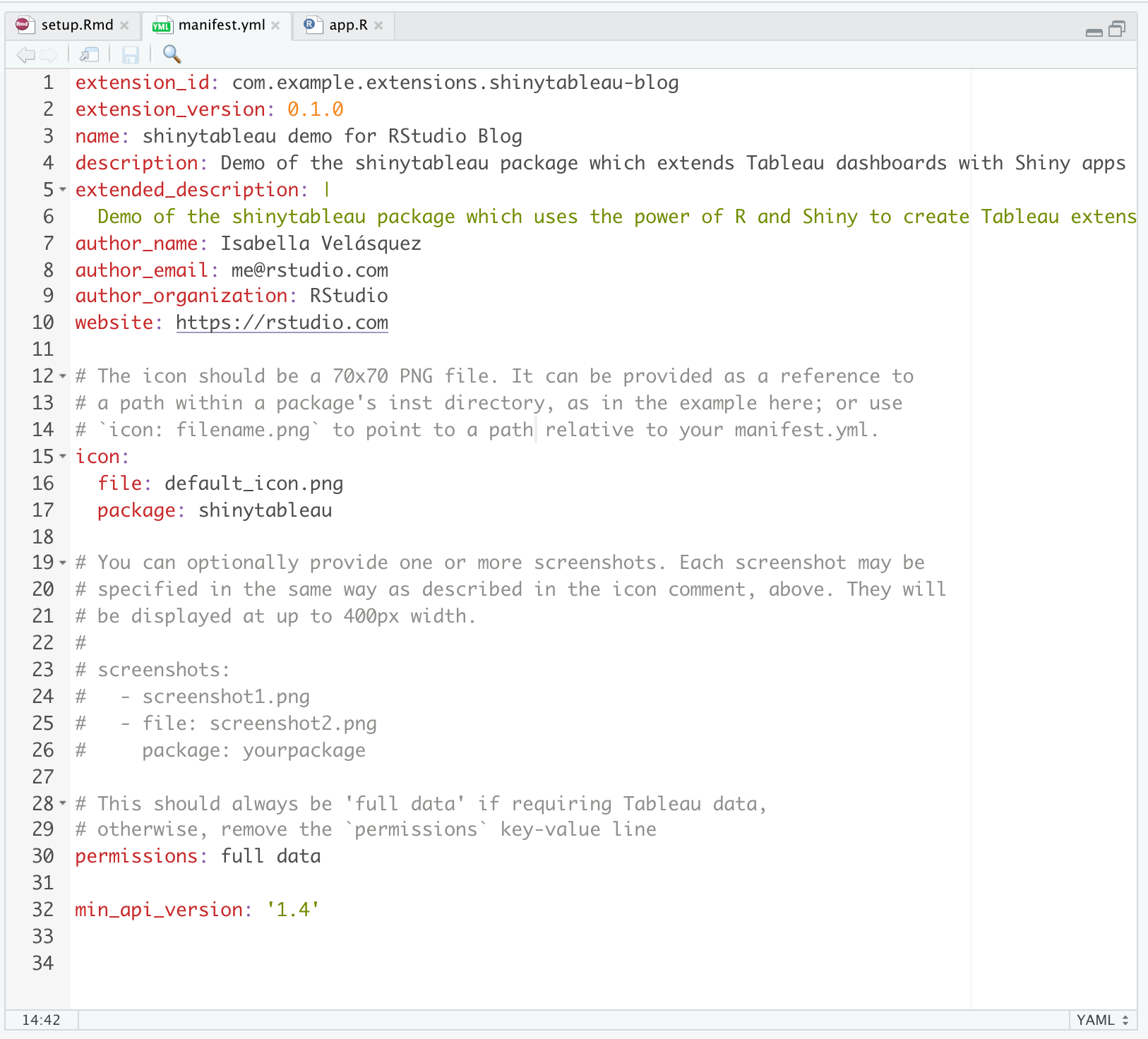 image_tooltip Example of the manifest.yml file produced in shinytableau which details the metadata that you can provide your shinytableau extension